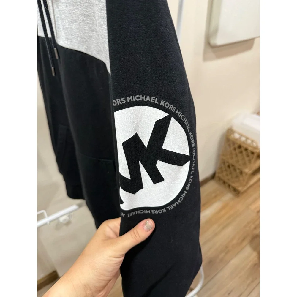Michael Kors Womens Colorblock Hoodie Black Gray MK Logo Sleeve Sweatshirt L